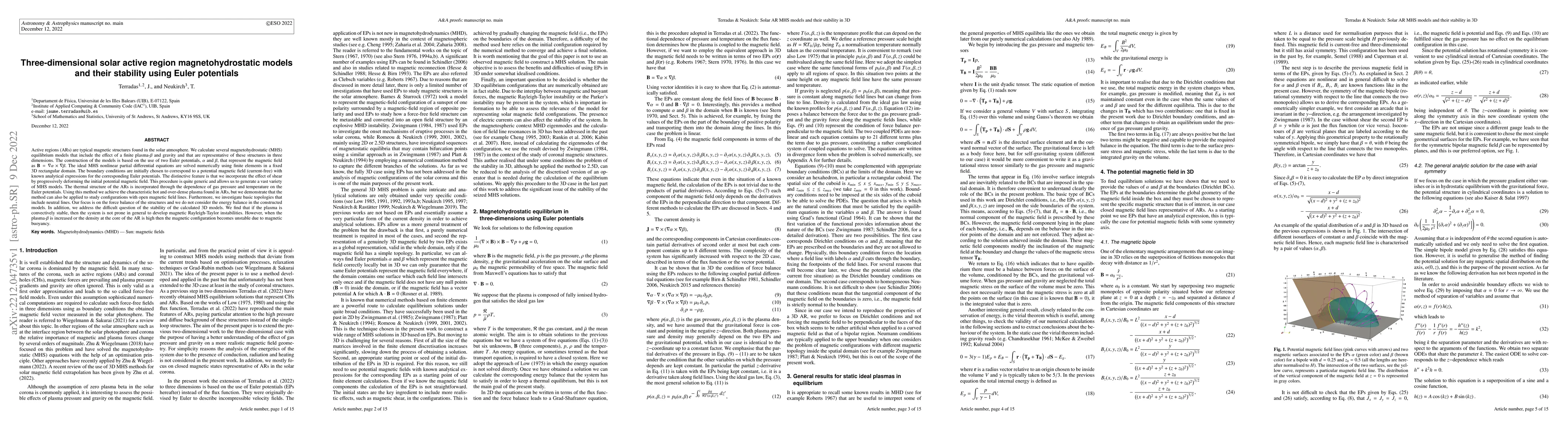 Thumbnail for Three-dimensional solar active region magnetohydrostatic models and
  their stability using Euler potentials