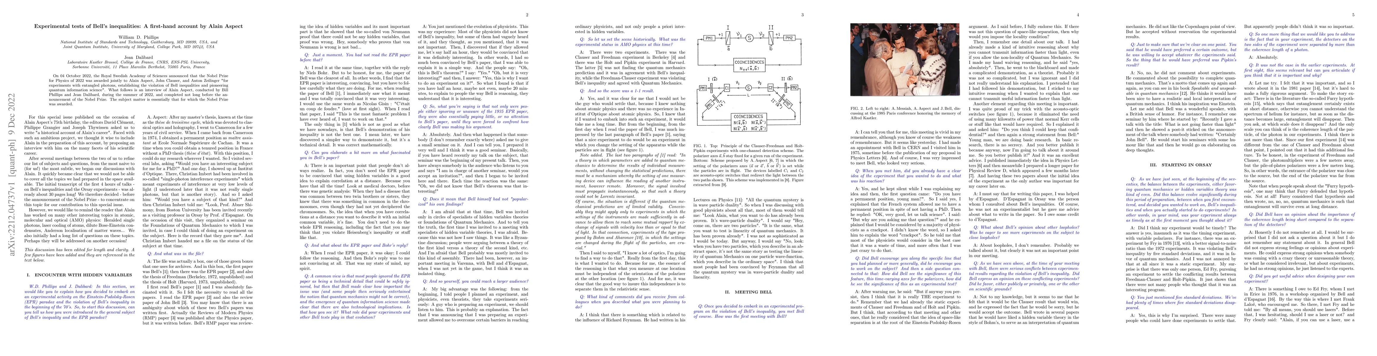 Thumbnail for Experimental tests of Bell's inequalities: A first-hand account by Alain
  Aspect