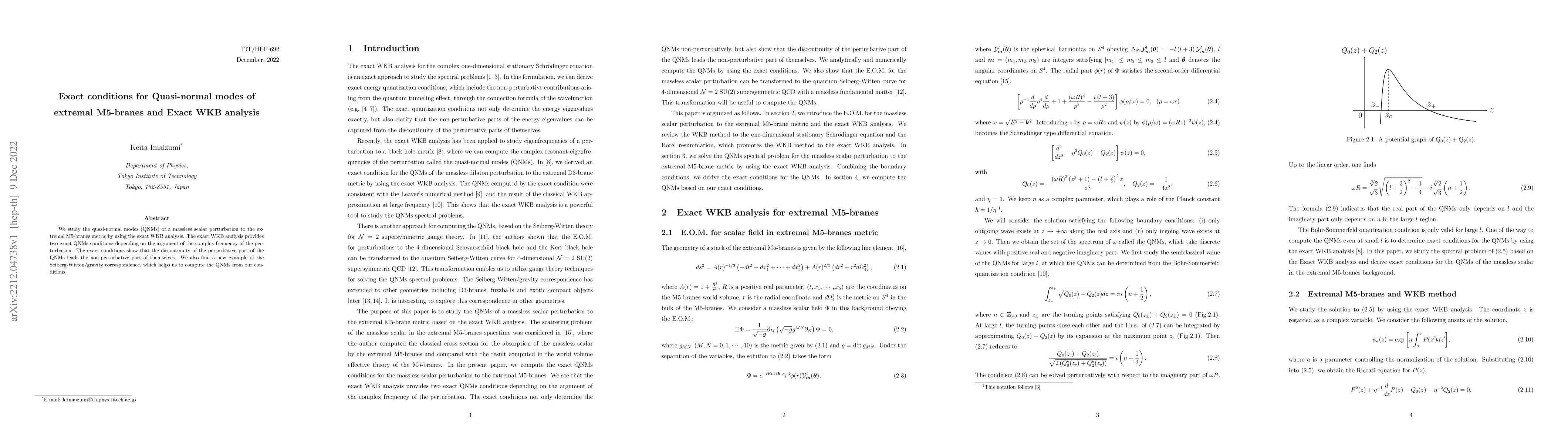 Thumbnail for Exact conditions for Quasi-normal modes of extremal M5-branes and Exact
  WKB analysis