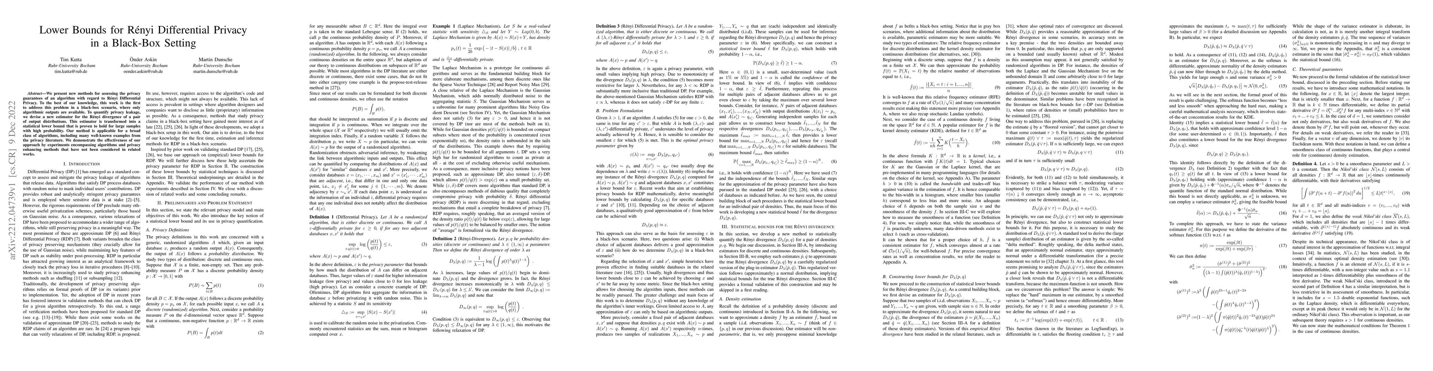 Thumbnail for Lower Bounds for R\'enyi Differential Privacy in a Black-Box Setting