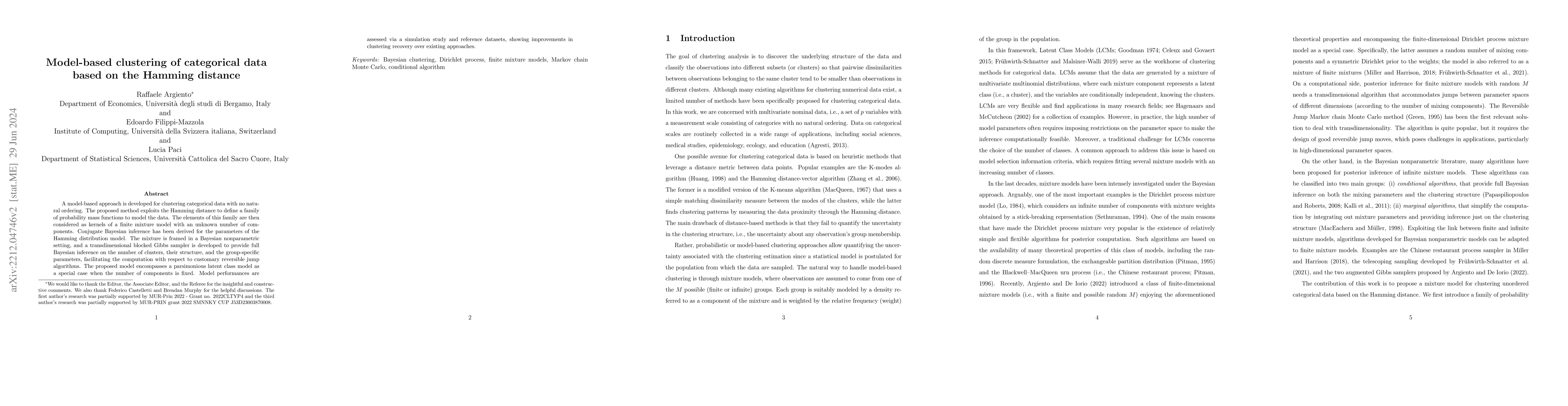 Thumbnail for Model-based clustering of categorical data based on the Hamming distance