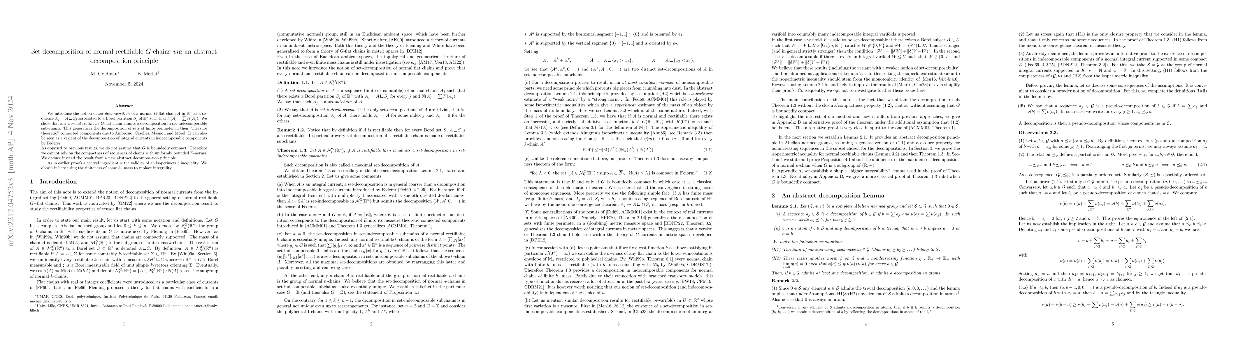 Thumbnail for Set-decomposition of normal rectifiable G-chains via an abstract
  decomposition principle