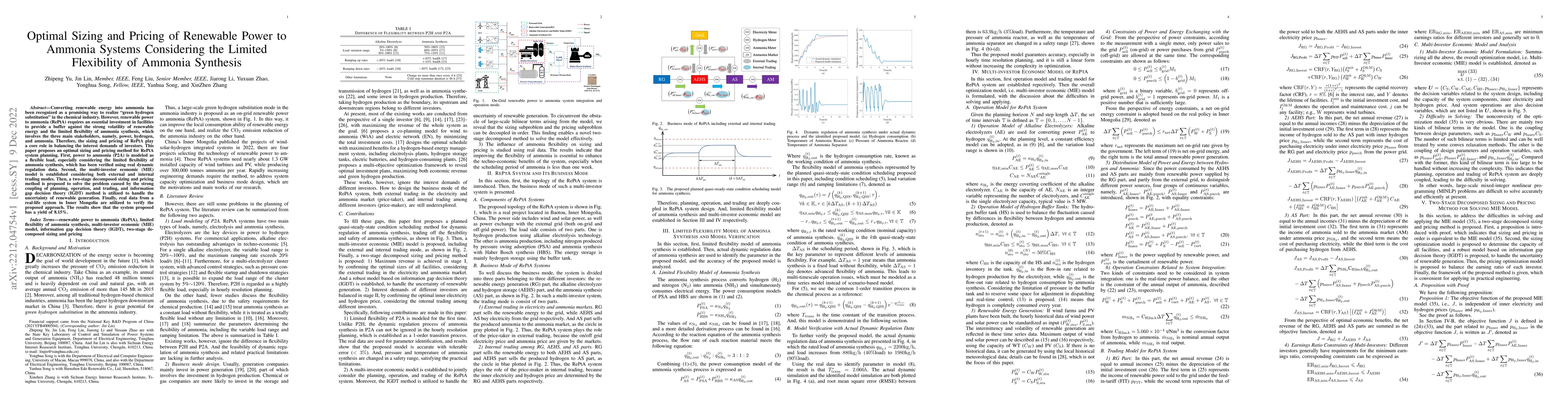 Thumbnail for Optimal Sizing and Pricing of Renewable Power to Ammonia Systems
  Considering the Limited Flexibility of Ammonia Synthesis