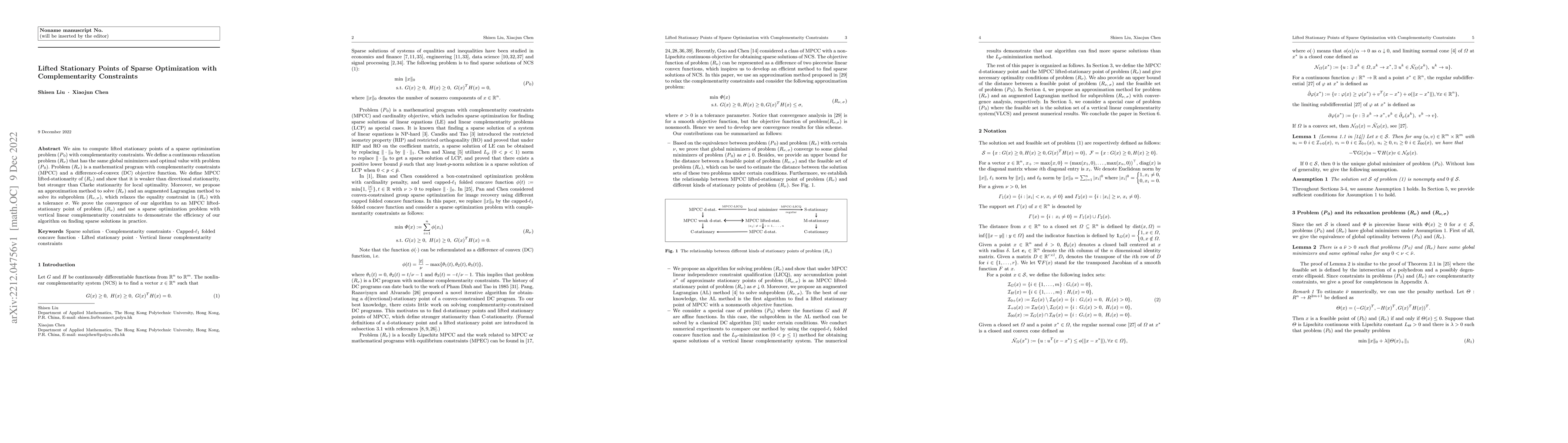 Thumbnail for Lifted Stationary Points of Sparse Optimization with Complementarity
  Constraints