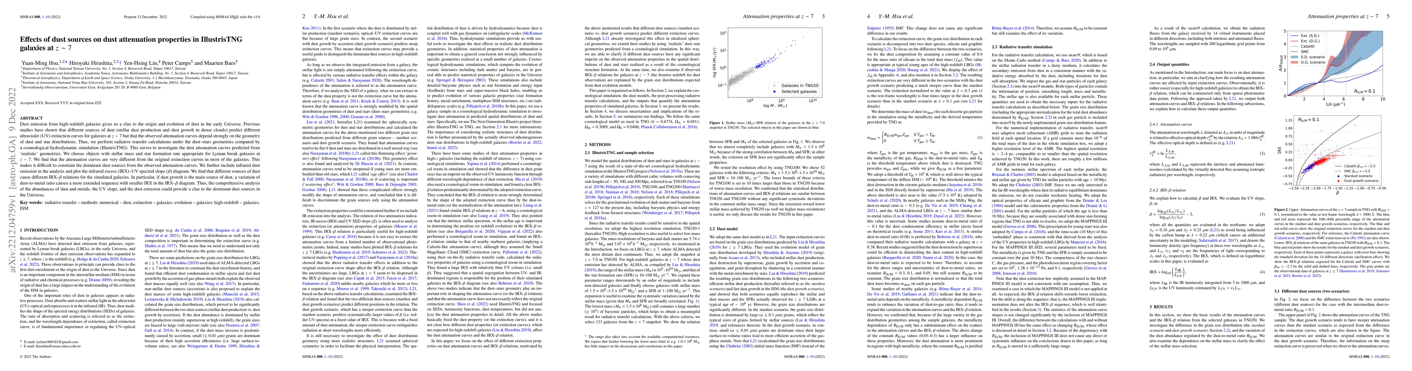 Thumbnail for Effects of dust sources on dust attenuation properties in IllustrisTNG
  galaxies at $z\sim 7$