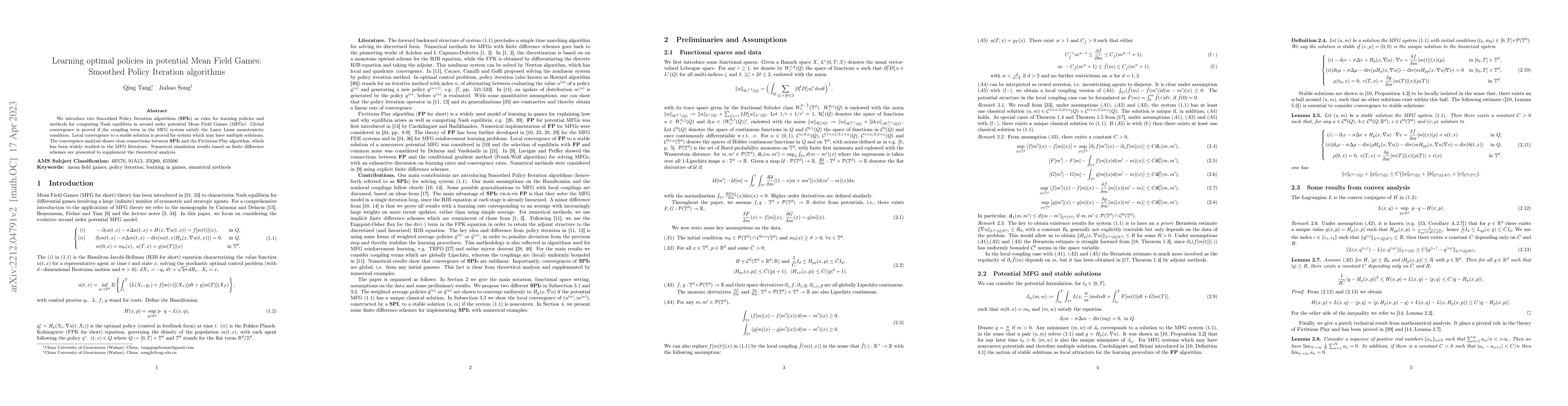 Thumbnail for Learning optimal policies in potential Mean Field Games: Smoothed Policy
  Iteration algorithms