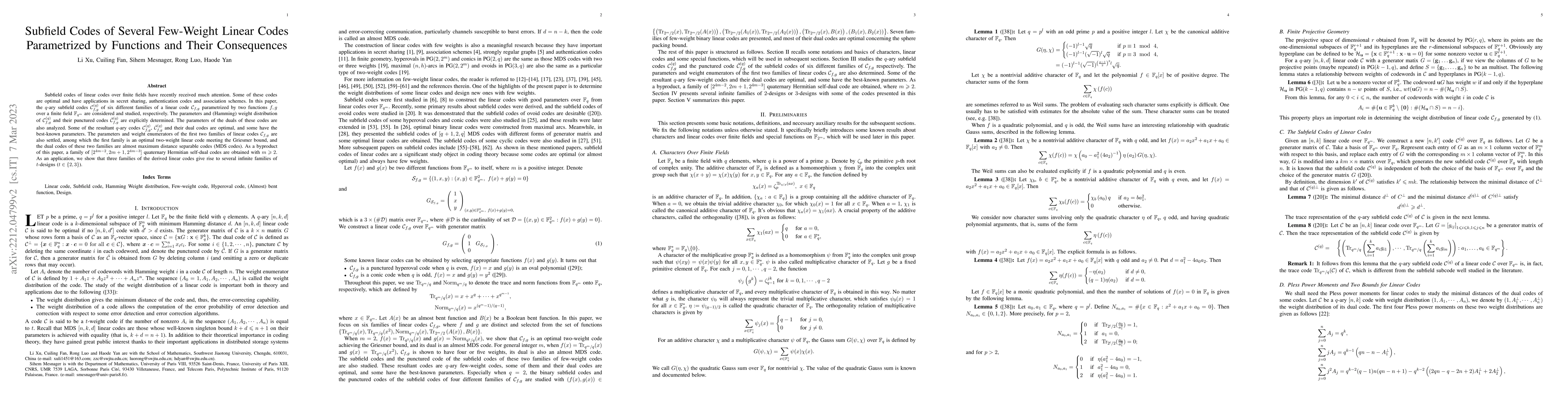 Thumbnail for Subfield Codes of Several Few-Weight Linear Codes Parametrized by
  Functions and Their Consequences