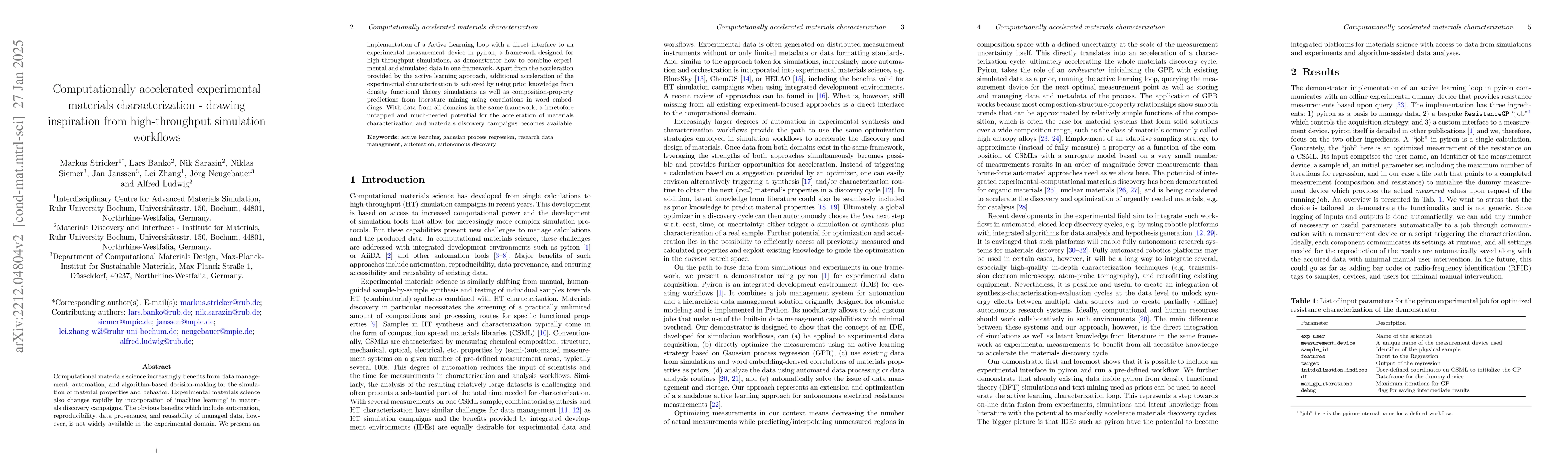 Thumbnail for Computationally accelerated experimental materials characterization --
  drawing inspiration from high-throughput simulation workflows