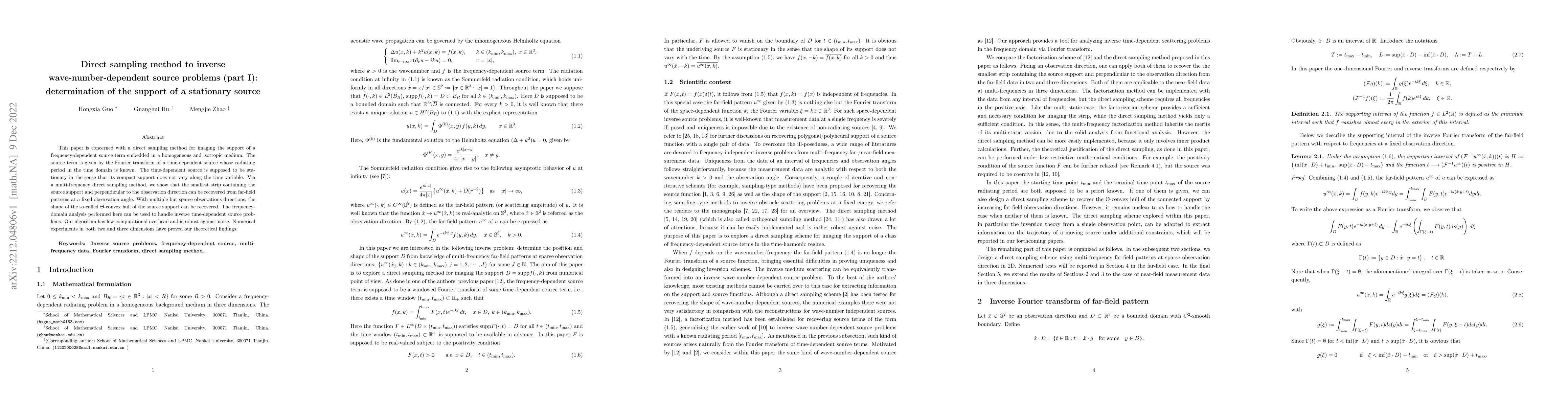 Thumbnail for Direct sampling method to inverse wave-number-dependent source problems
  (part I): determination of the support of a stationary source