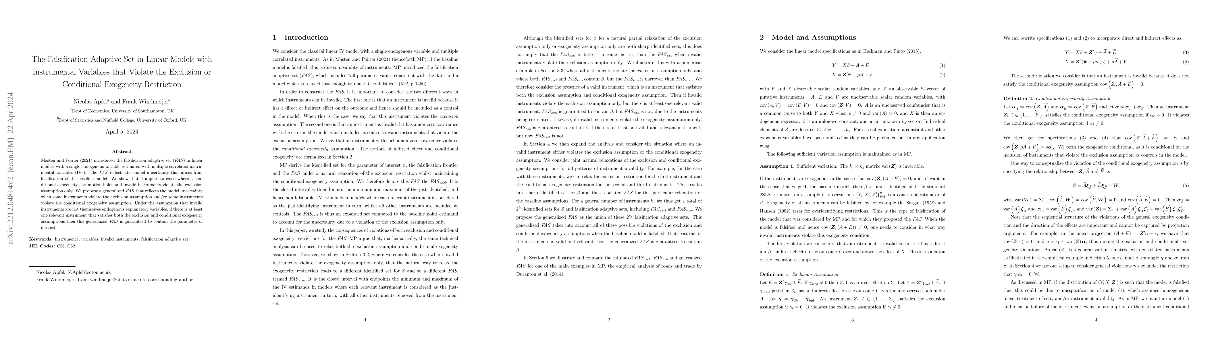 Thumbnail for The Falsification Adaptive Set in Linear Models with Instrumental
  Variables that Violate the Exclusion or Conditional Exogeneity Restriction