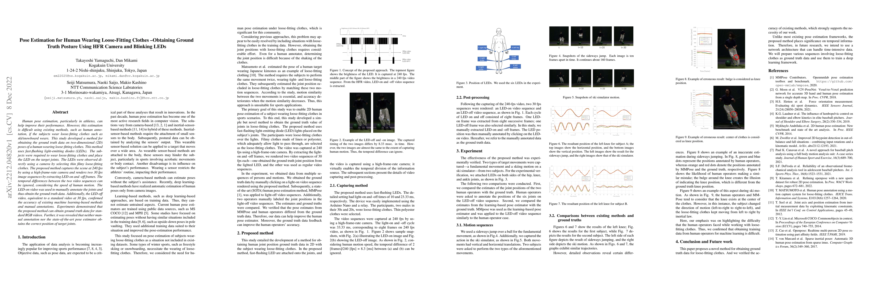 Thumbnail for Pose Estimation for Human Wearing Loose-Fitting Clothes: Obtaining
  Ground Truth Posture Using HFR Camera and Blinking LEDs