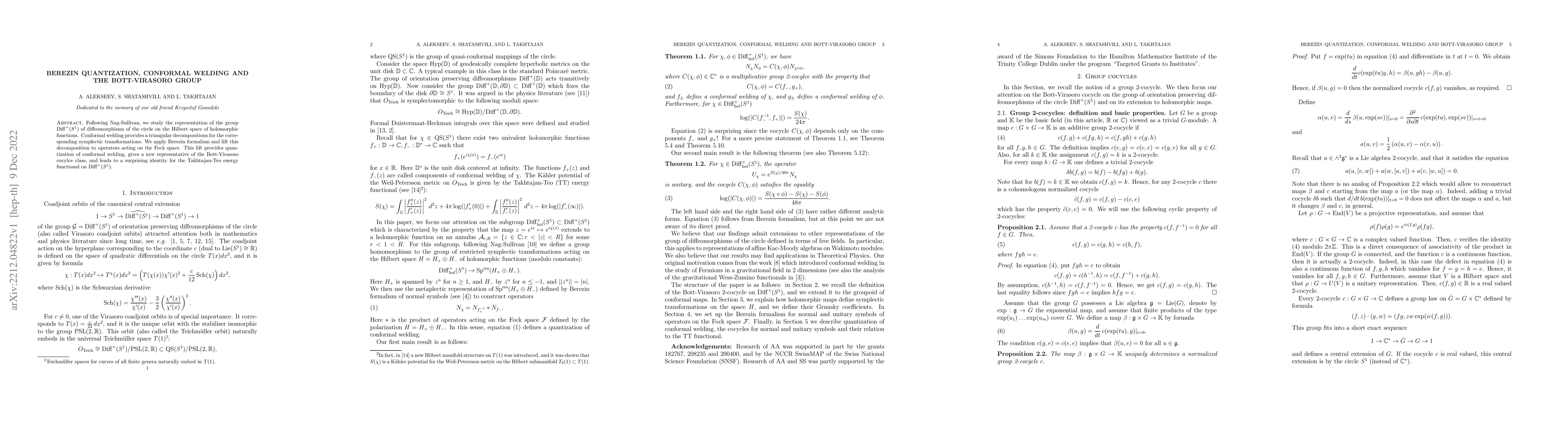Thumbnail for Berezin quantization, conformal welding and the Bott-Virasoro group