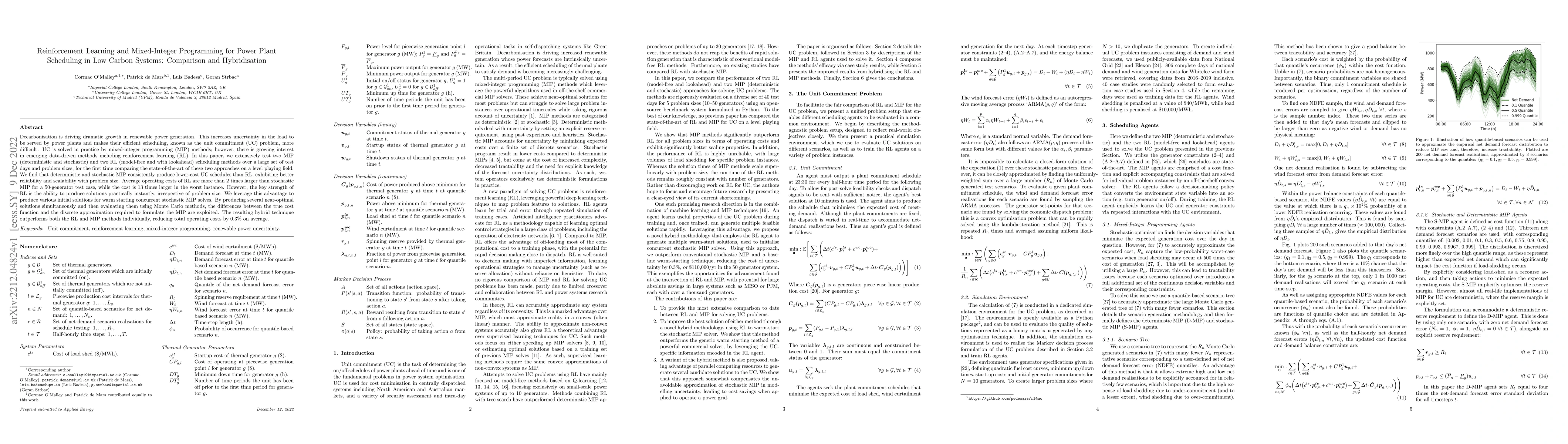 Thumbnail for Reinforcement Learning and Mixed-Integer Programming for Power Plant
  Scheduling in Low Carbon Systems: Comparison and Hybridisation
