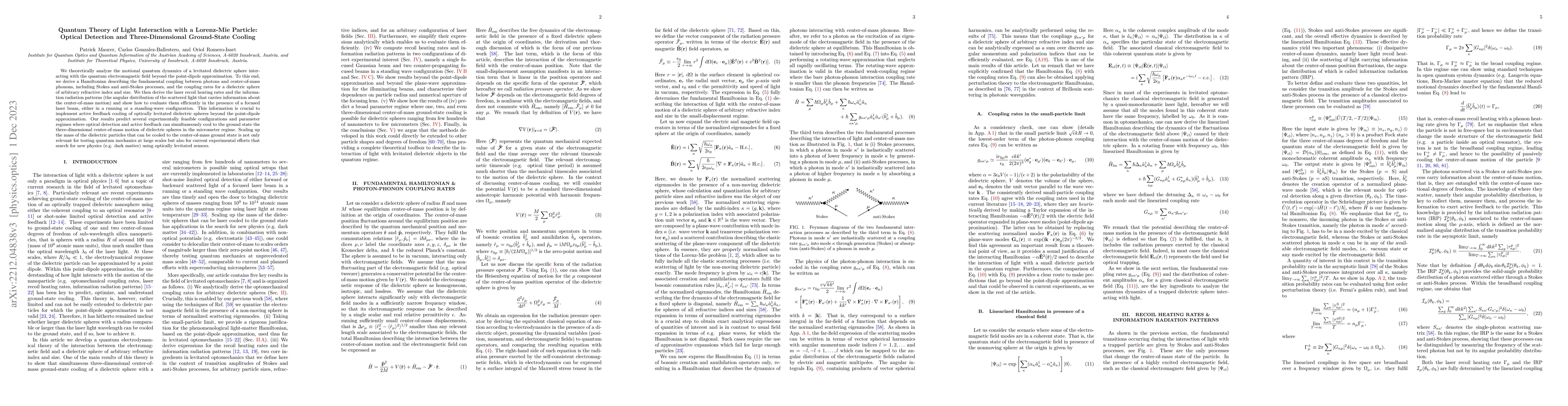 Thumbnail for Quantum theory of light interaction with a Lorenz-Mie particle: Optical
  detection and three-dimensional ground-state cooling