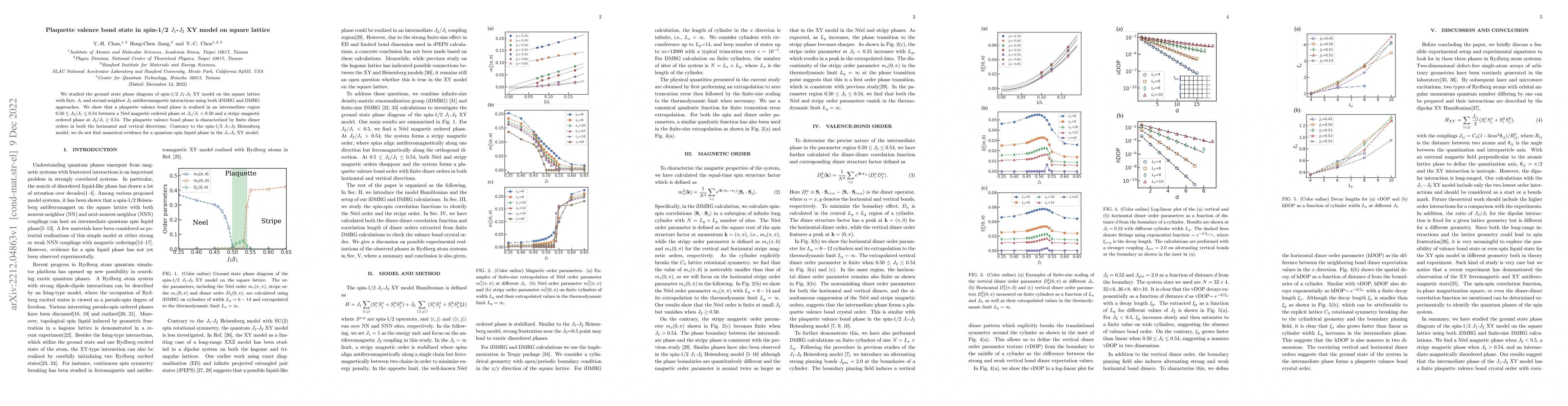 Thumbnail for Plaquette valence bond state in spin-1/2 J1-J2 XY model on square
  lattice