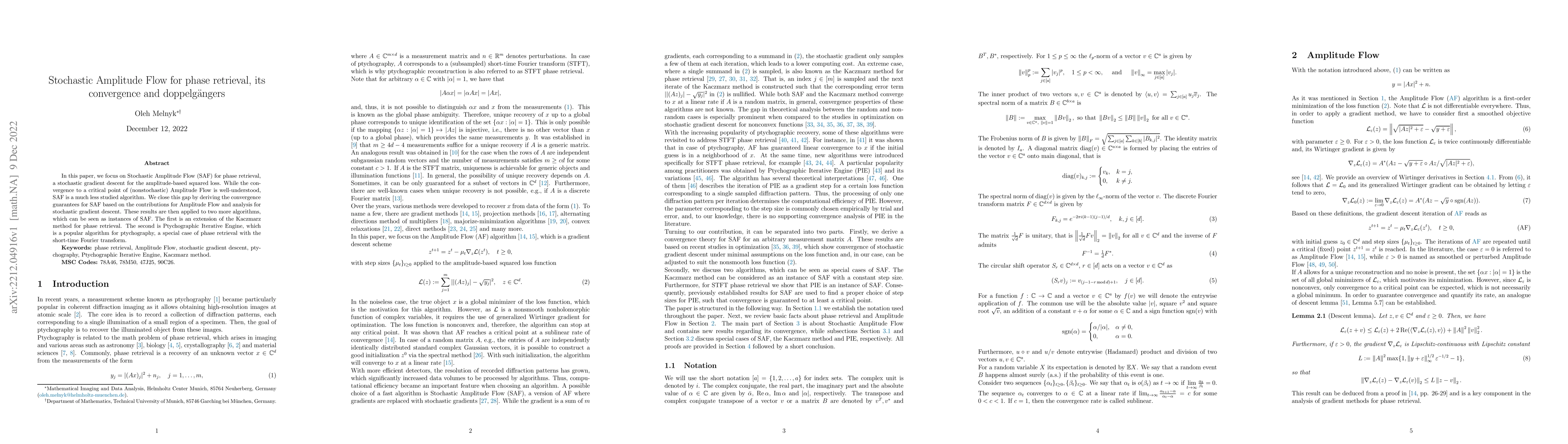 Thumbnail for Stochastic Amplitude Flow for phase retrieval, its convergence and
  doppelg\"angers