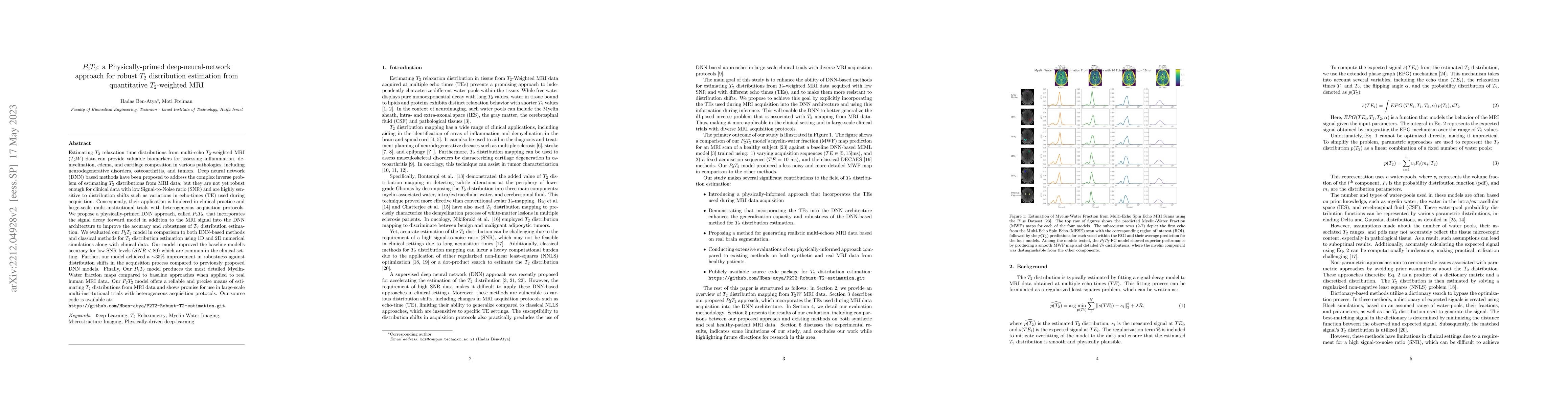 Thumbnail for P2T2: a Physically-primed deep-neural-network approach for robust
  $T_{2}$ distribution estimation from quantitative $T_{2}$-weighted MRI
