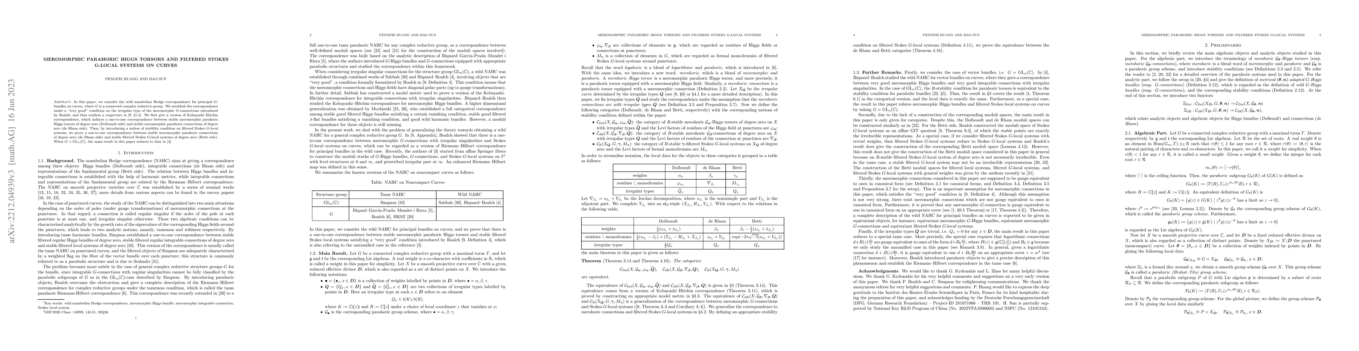 Thumbnail for Meromorphic Parahoric Higgs Torsors and Filtered Stokes G-local Systems
  on Curves