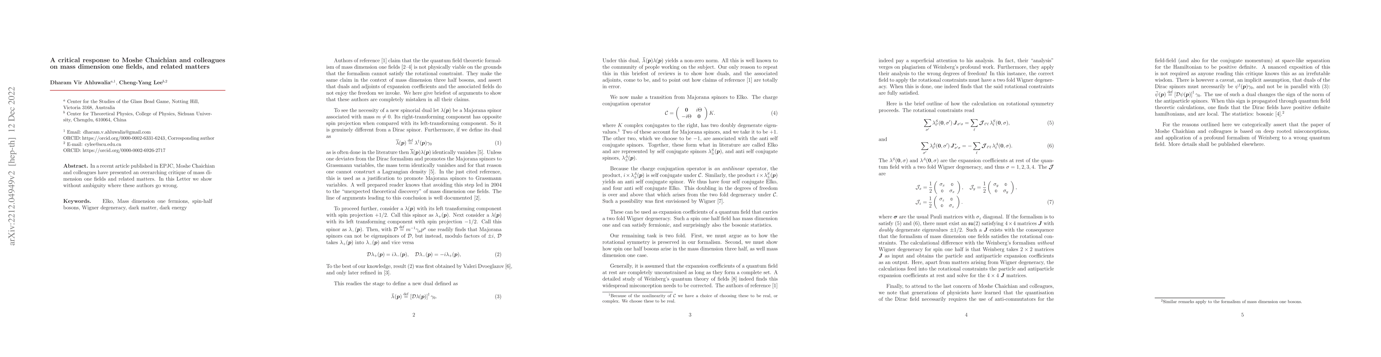 Thumbnail for A critical response to Moshe Chaichian and colleagues on mass dimension
  one fields, and related matters