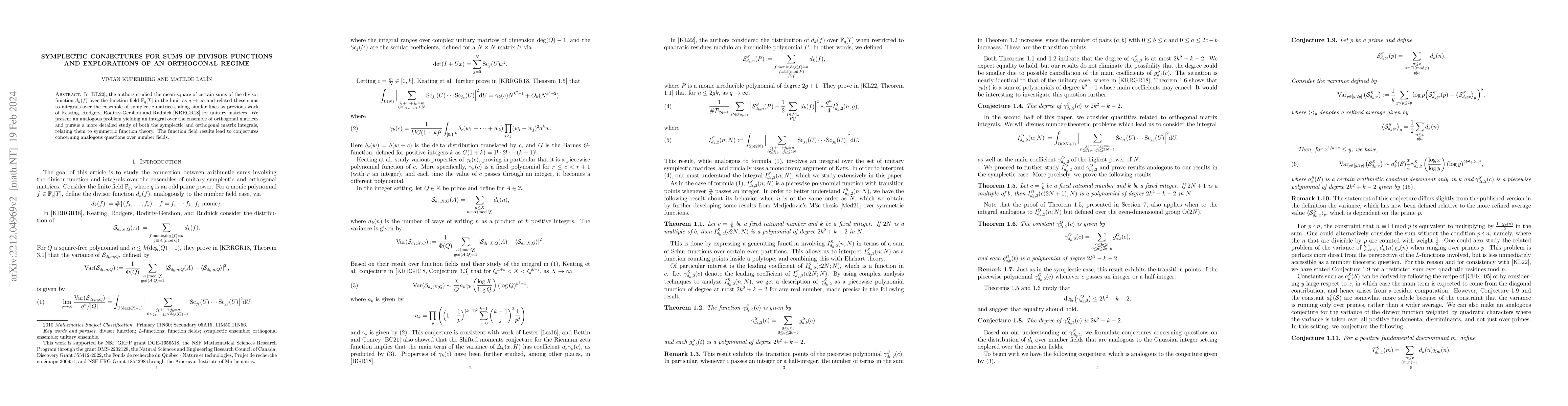 Thumbnail for Symplectic conjectures for sums of divisor functions and explorations of
  an orthogonal regime