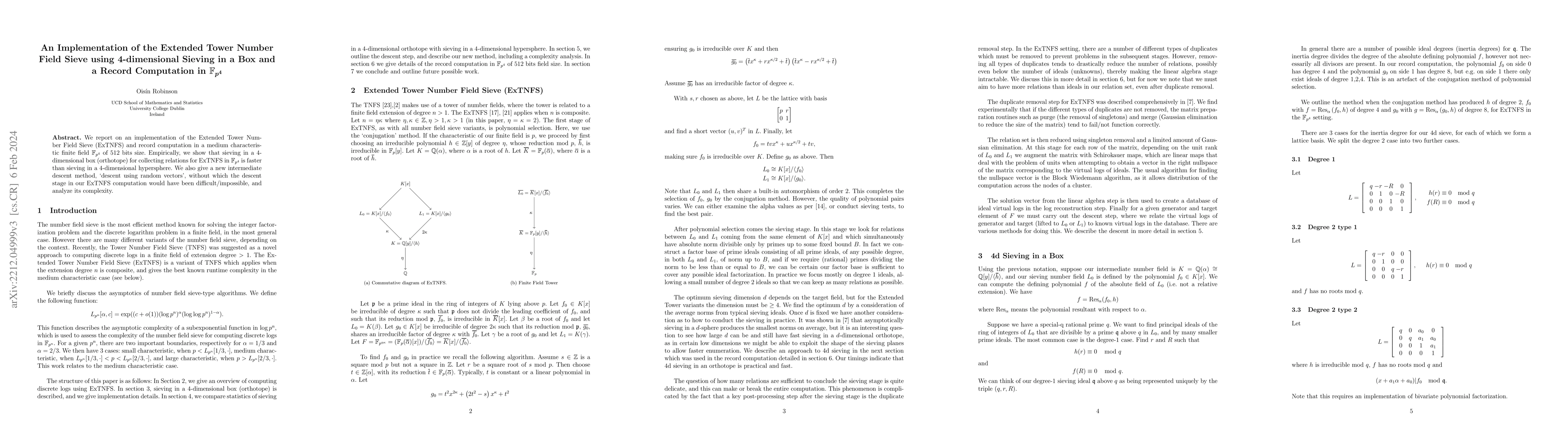Thumbnail for An Implementation of the Extended Tower Number Field Sieve using 4d
  Sieving in a Box and a Record Computation in Fp4
