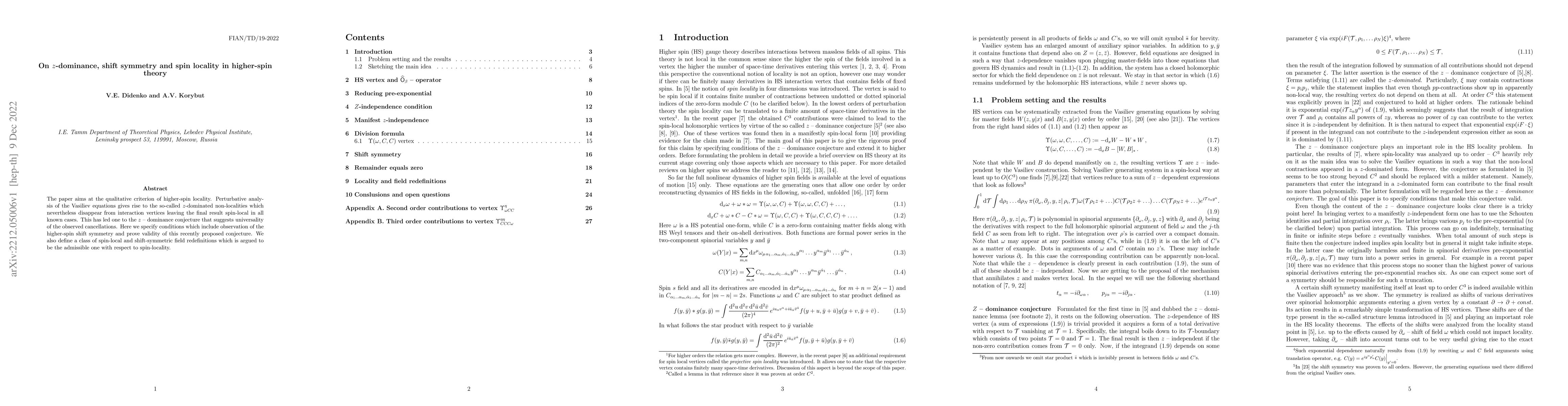 Thumbnail for On $z$-dominance, shift symmetry and spin locality in higher-spin theory