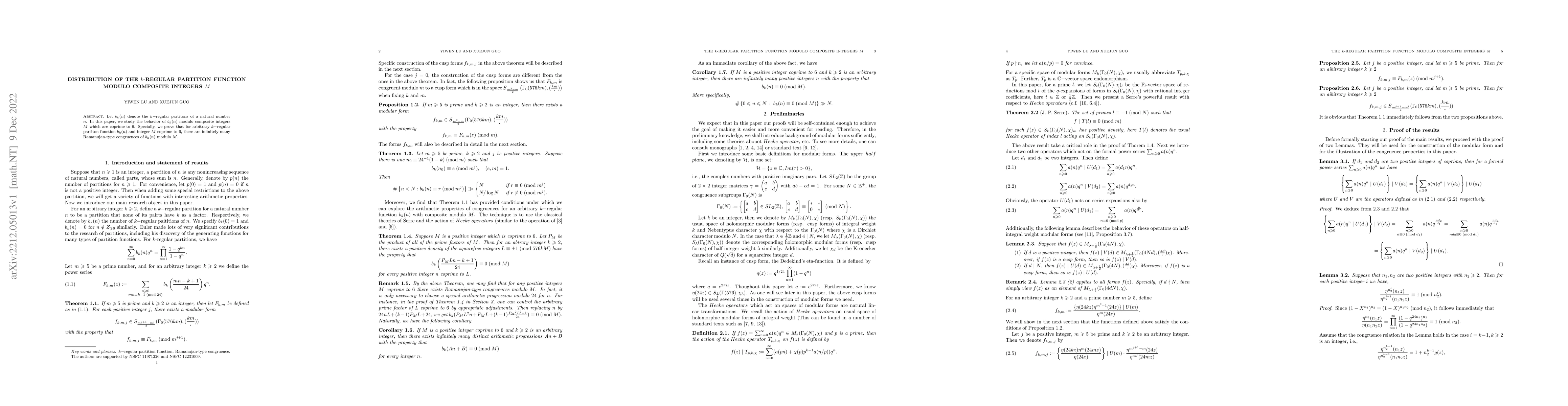 Thumbnail for Distribution of the k-regular partition function modulo composite
  integers M