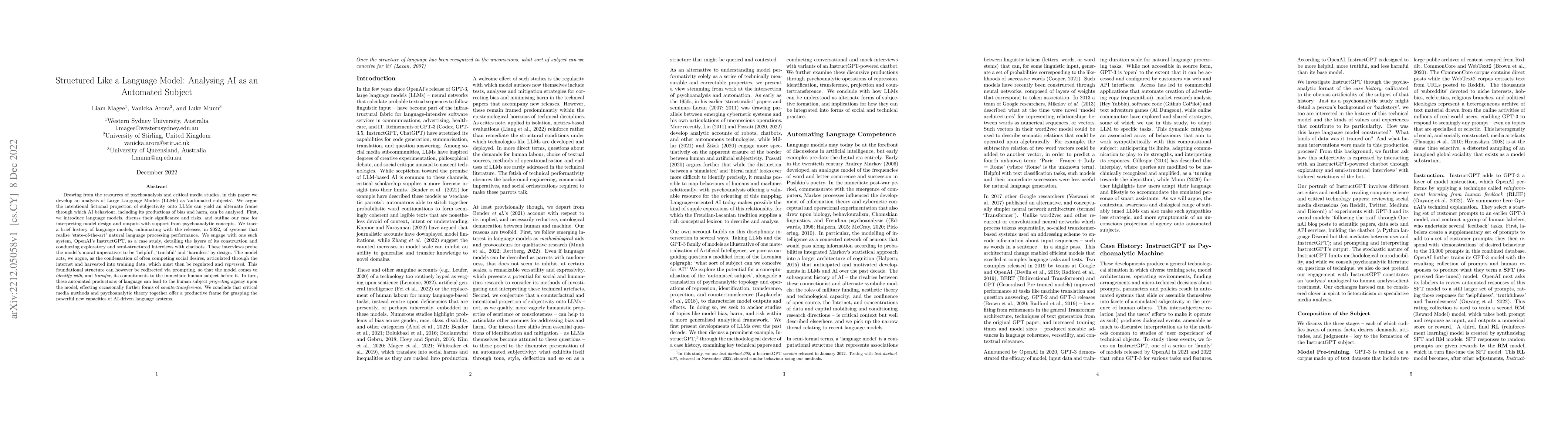 Thumbnail for Structured Like a Language Model: Analysing AI as an Automated Subject