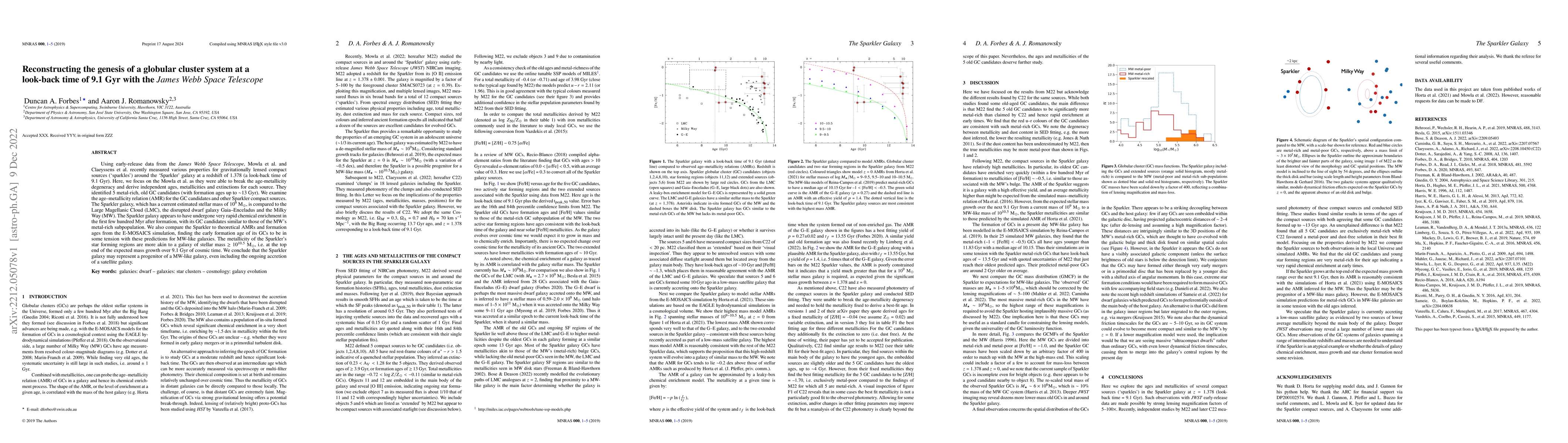 Thumbnail for Reconstructing the genesis of a globular cluster system at a look-back
  time of 9.1 Gyr with the JWST