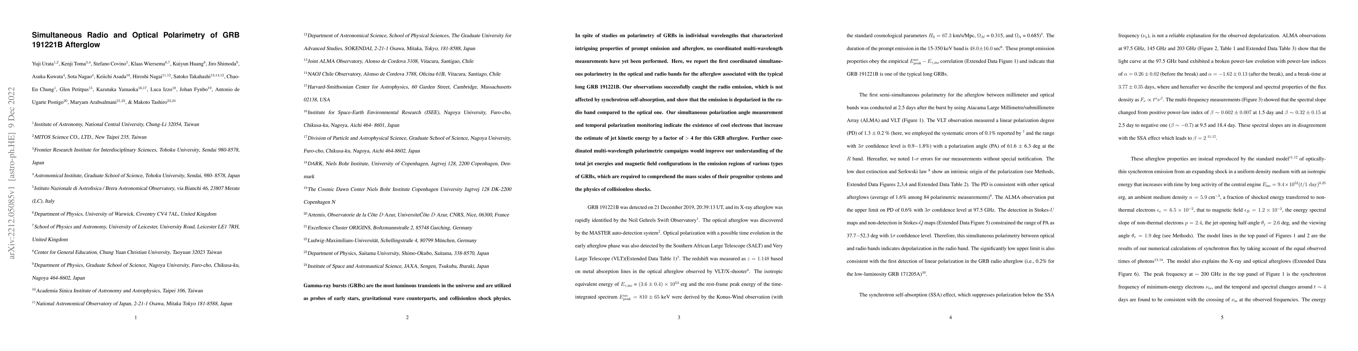 Thumbnail for Simultaneous Radio and Optical Polarimetry of GRB 191221B Afterglow