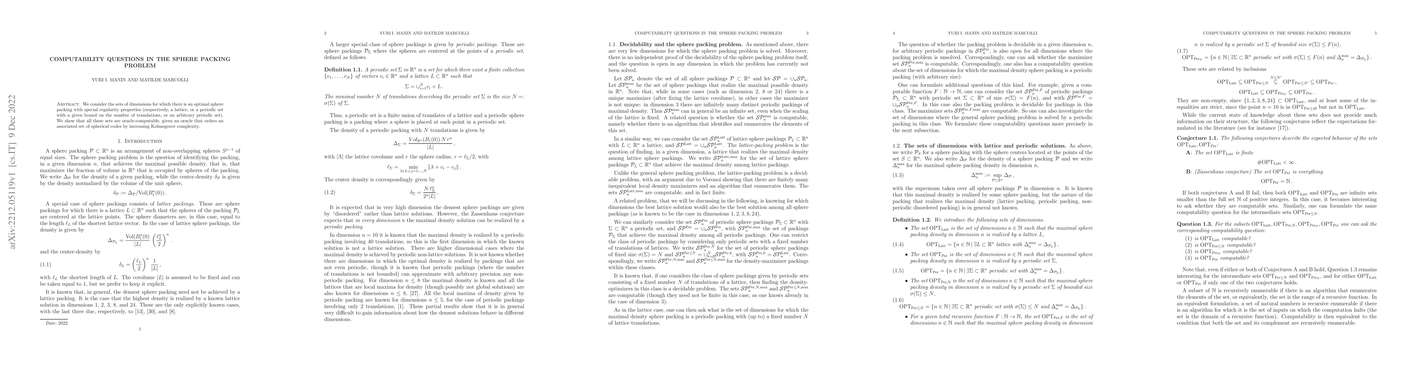 Thumbnail for Computability questions in the sphere packing problem