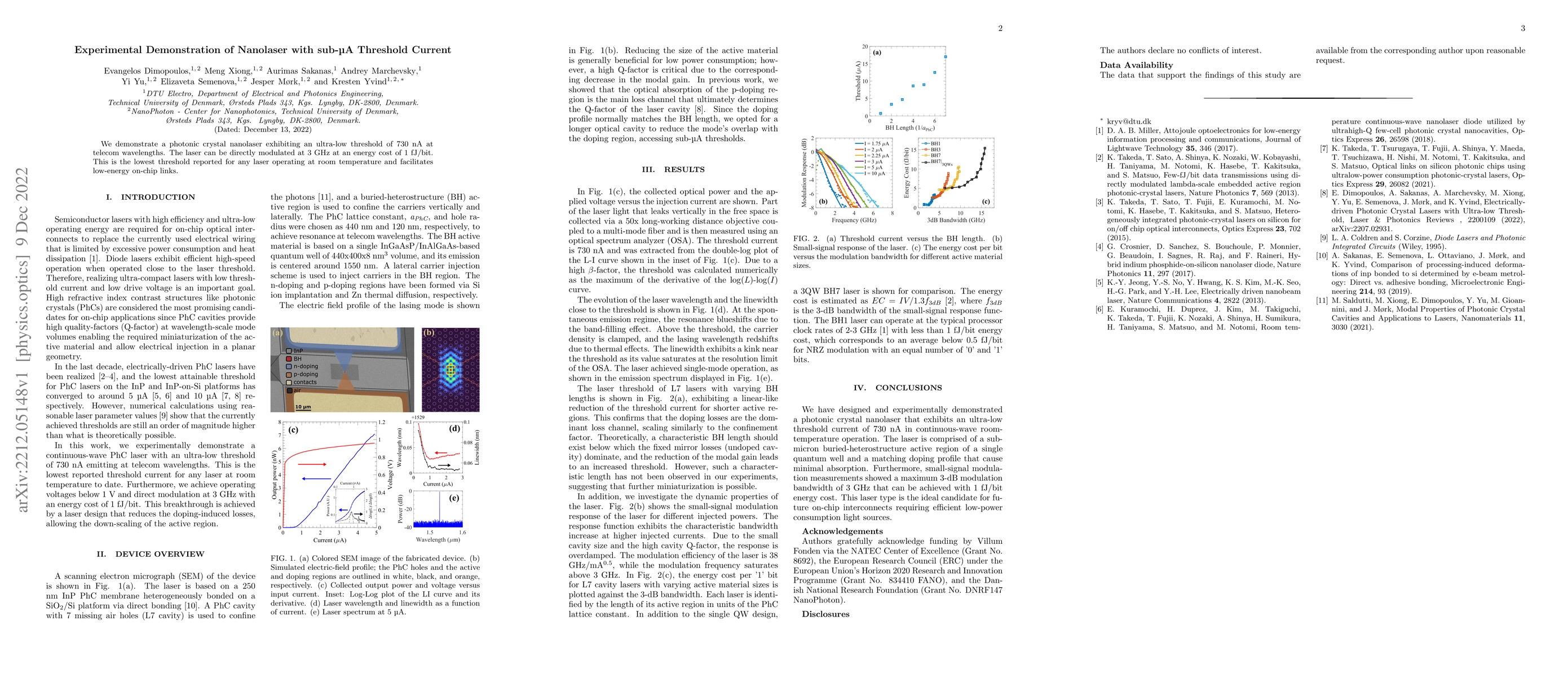 Thumbnail for Experimental Demonstration of Nanolaser with sub-$\mu$A Threshold
  Current