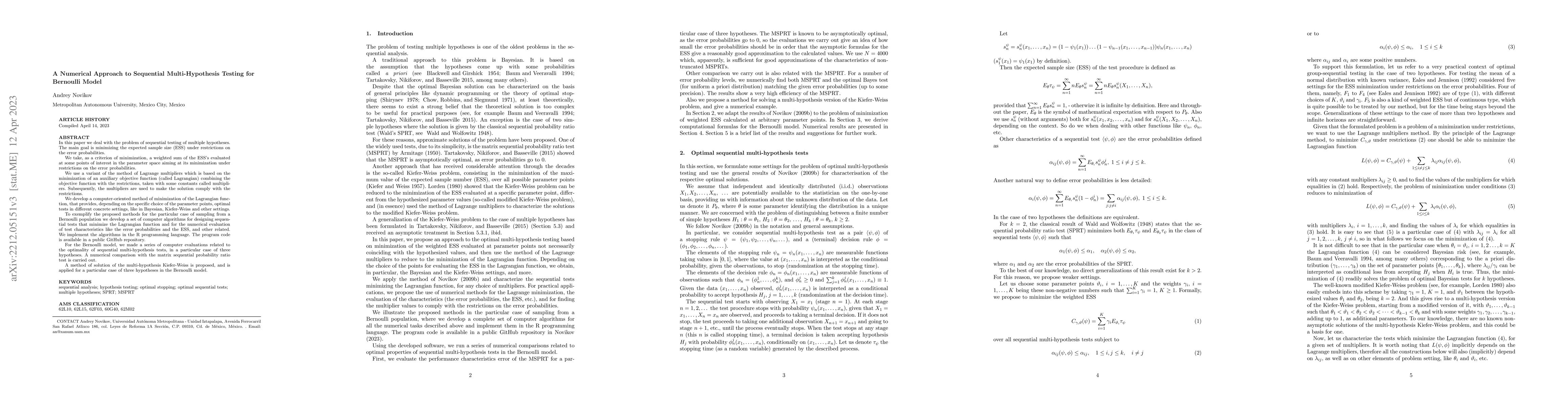 Thumbnail for A Numerical Approach to Sequential Multi-Hypothesis Testing for
  Bernoulli Model