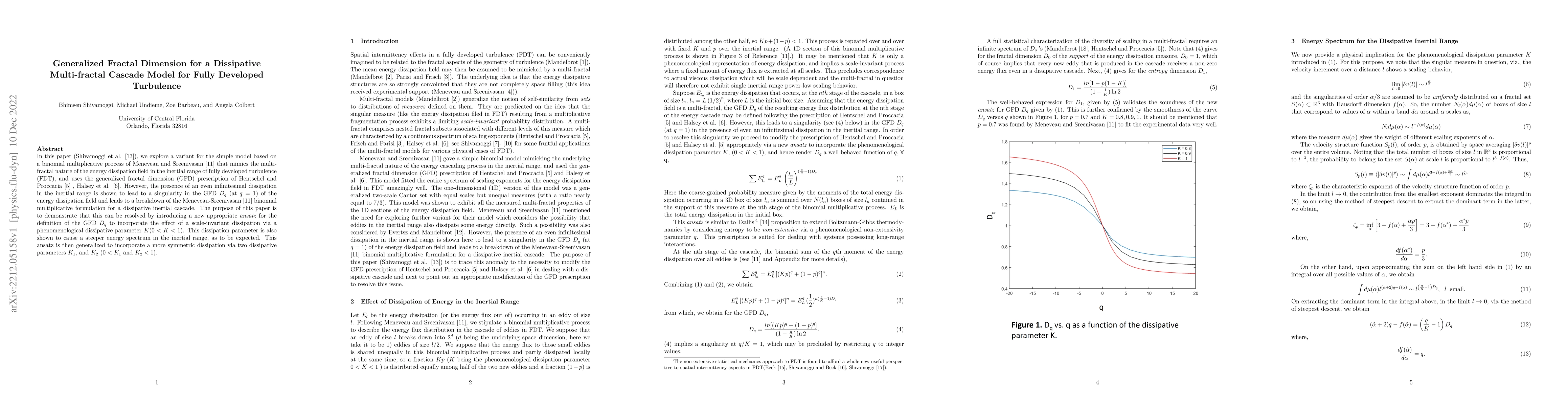 Thumbnail for Generalized Fractal Dimension for a Dissipative Multi-fractal Cascade
  Model for Fully Developed Turbulence
