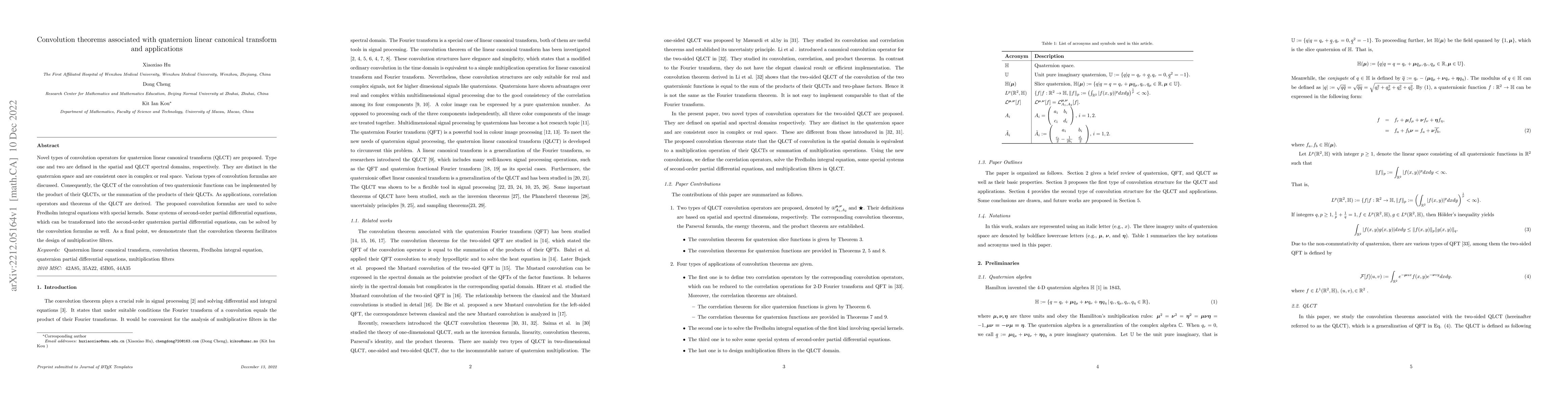 Thumbnail for Convolution theorems associated with quaternion linear canonical
  transform and applications