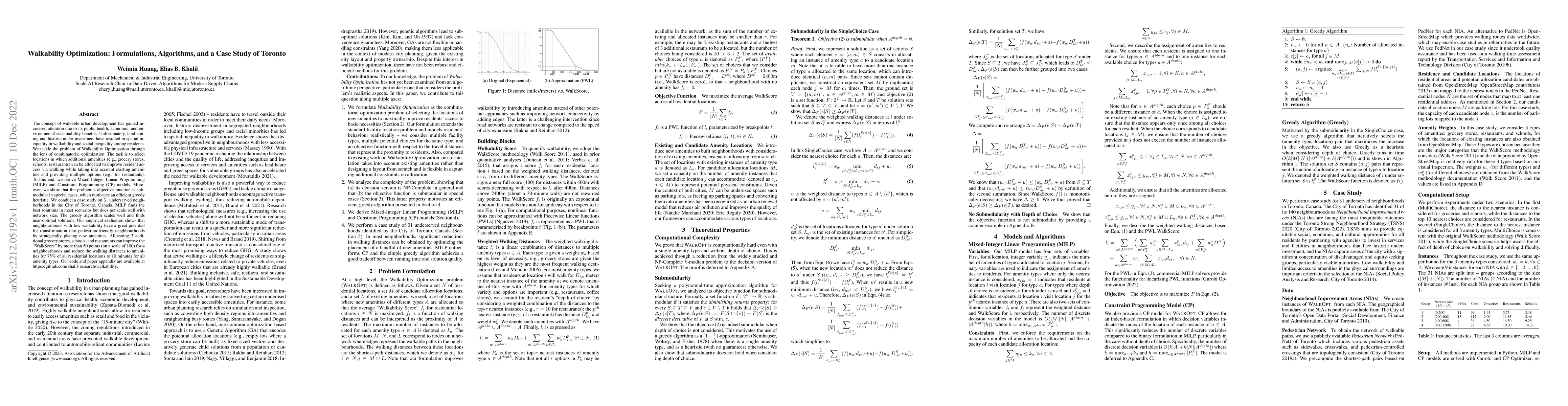 Thumbnail for Walkability Optimization: Formulations, Algorithms, and a Case Study of
  Toronto