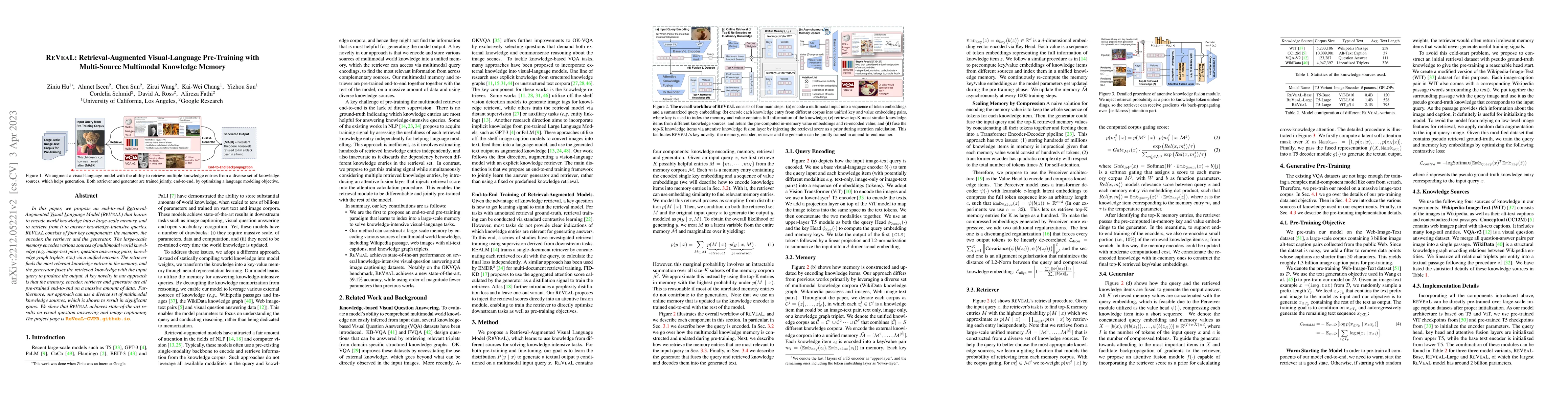 Thumbnail for REVEAL: Retrieval-Augmented Visual-Language Pre-Training with
  Multi-Source Multimodal Knowledge Memory