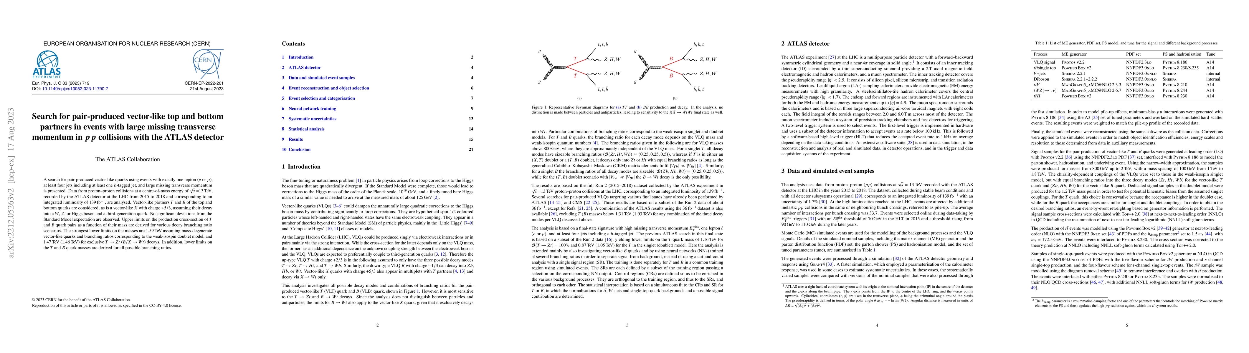 Thumbnail for Search for pair-produced vector-like top and bottom partners in events
  with large missing transverse momentum in pp collisions with the ATLAS
  detector