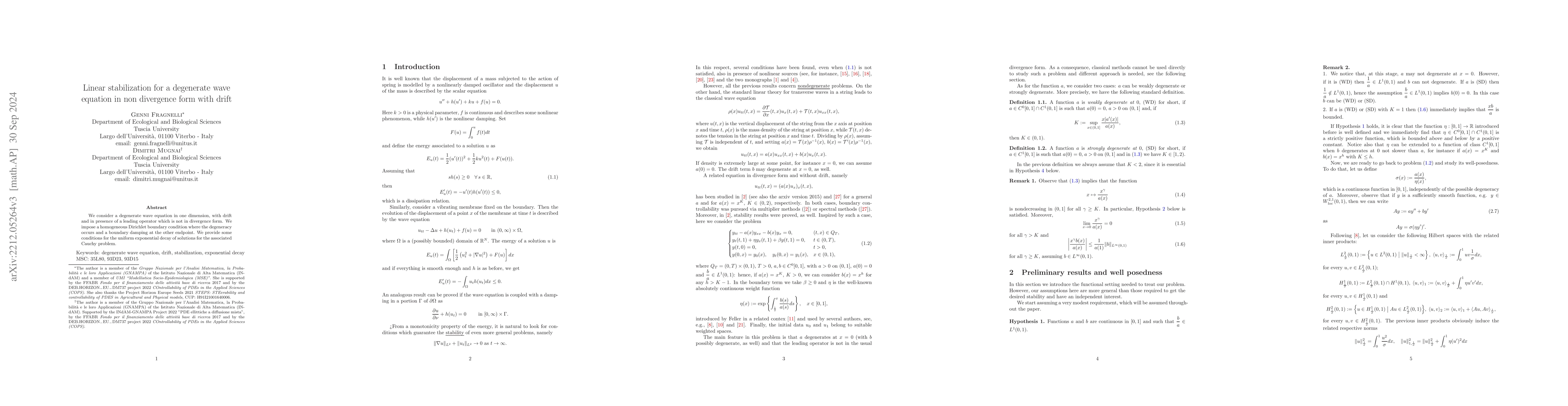 Thumbnail for Linear stabilization for a degenerate wave equation in non divergence
  form with drift