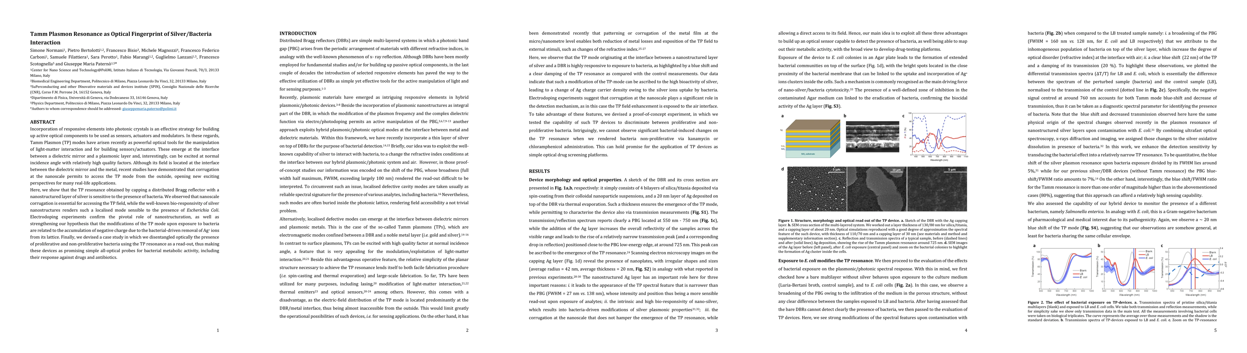Thumbnail for Tamm Plasmon Resonance as Optical Fingerprint of Silver/Bacteria
  Interaction