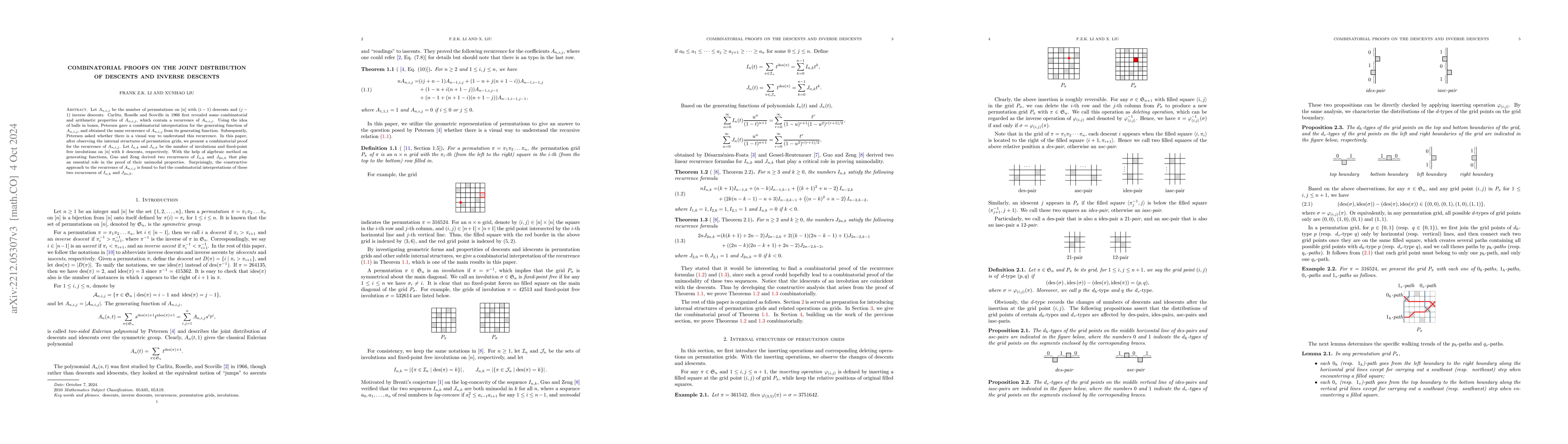 Thumbnail for Combinatorial proofs on the joint distribution of descents and inverse
  descents