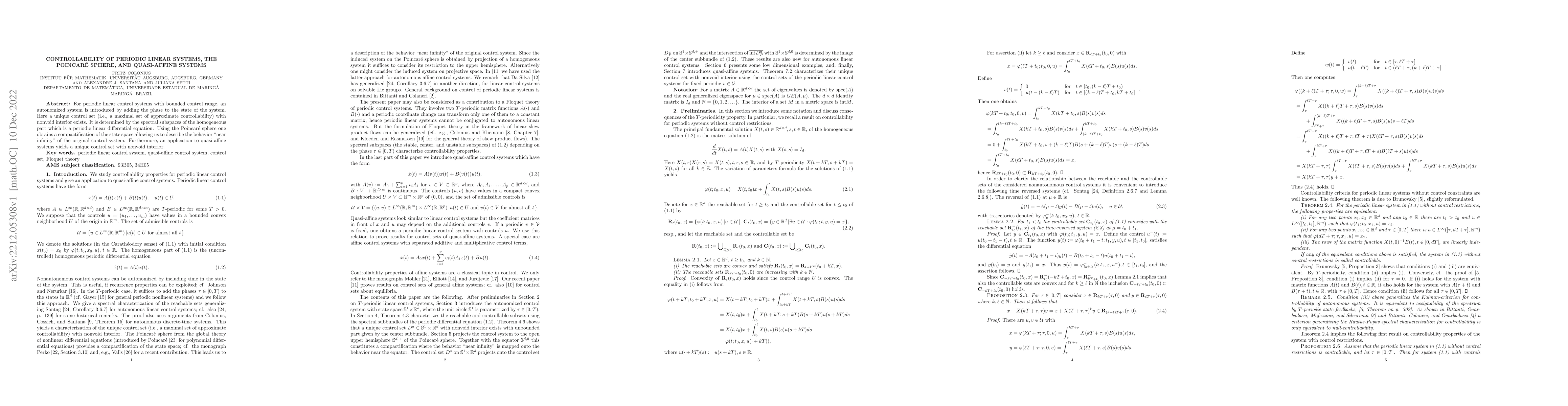 Thumbnail for Controllability of periodic linear systems, the Poincare sphere, and
  quasi-affine systems