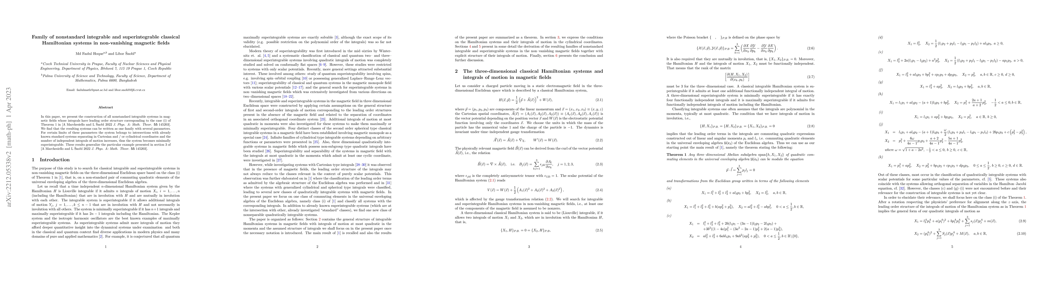 Thumbnail for Family of nonstandard integrable and superintegrable classical
  Hamiltonian systems in non-vanishing magnetic fields