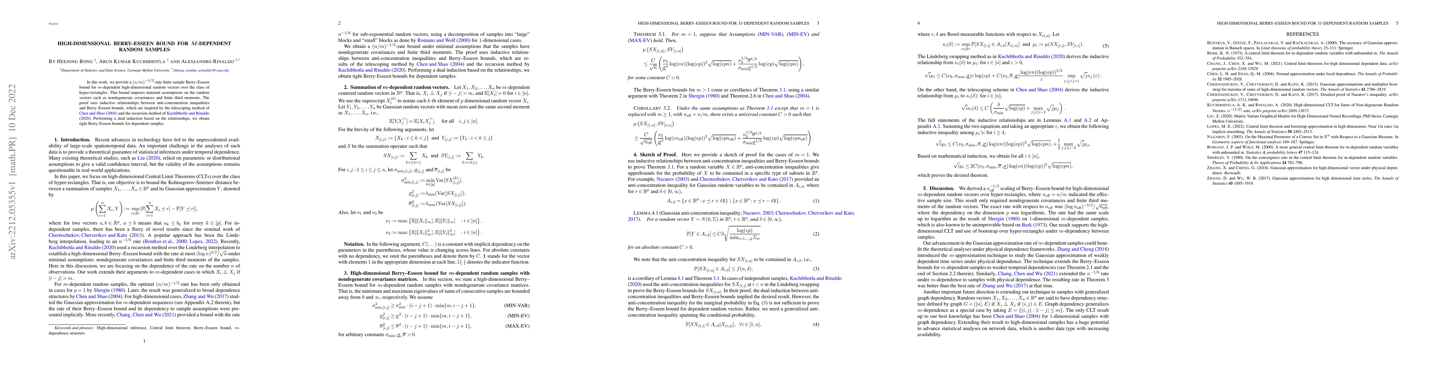 Thumbnail for High-dimensional Berry-Esseen Bound for $m$-Dependent Random Samples