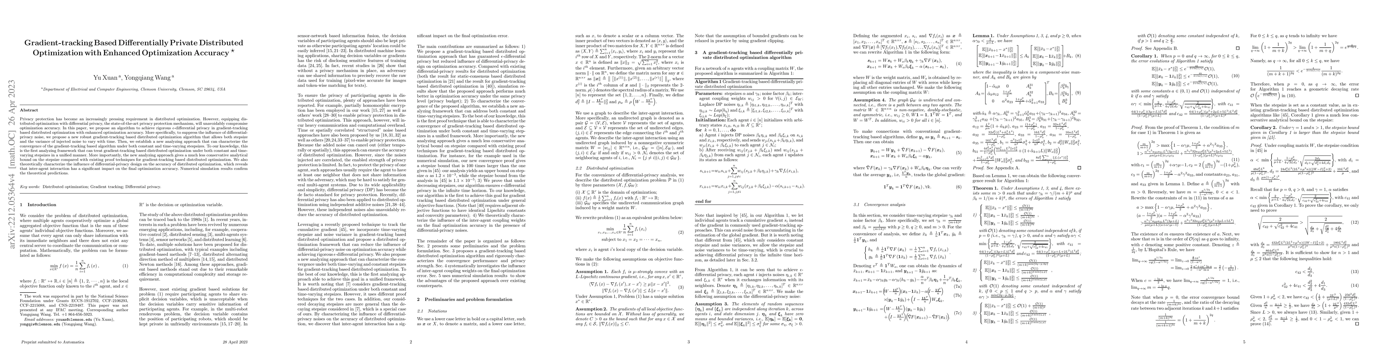 Thumbnail for Gradient-tracking Based Differentially Private Distributed Optimization
  with Enhanced Optimization Accuracy