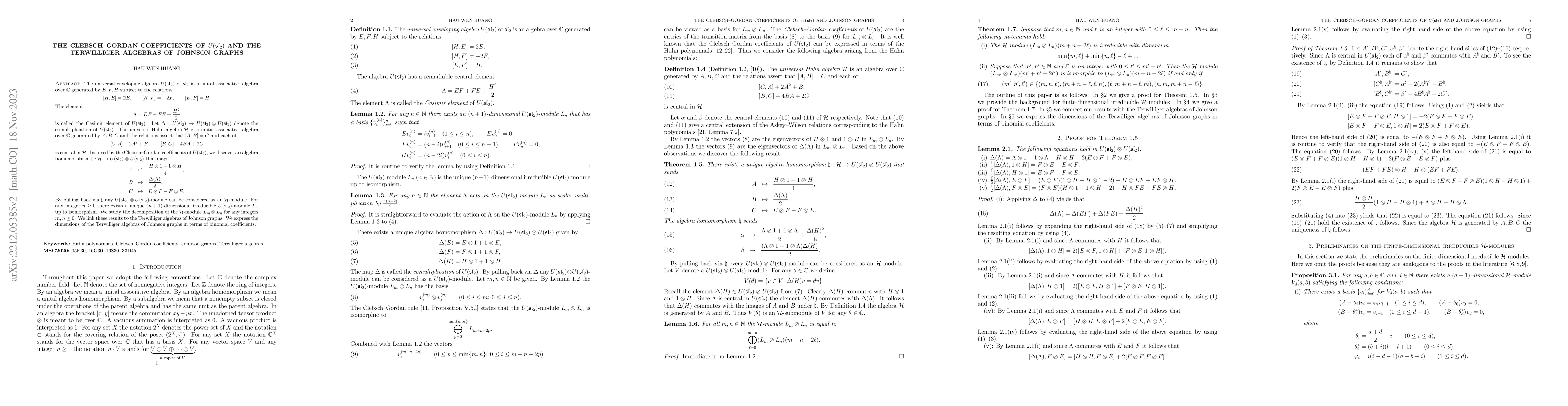Thumbnail for The Clebsch--Gordan coefficients of $U(\mathfrak{sl}_2)$ and the
  Terwilliger algebras of Johnson graphs