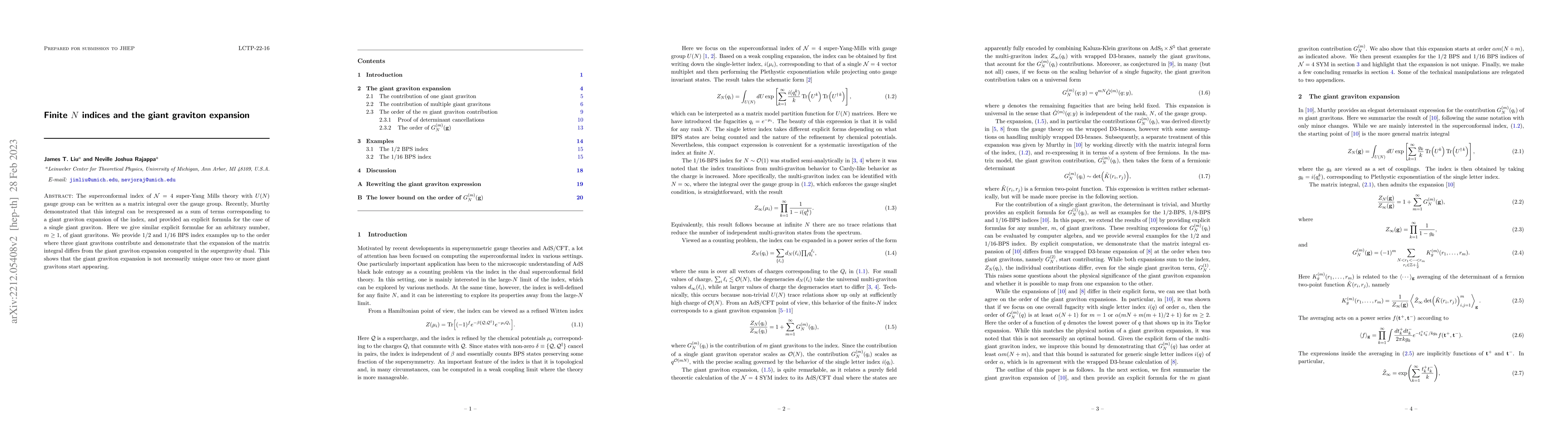 Thumbnail for Finite $N$ indices and the giant graviton expansion