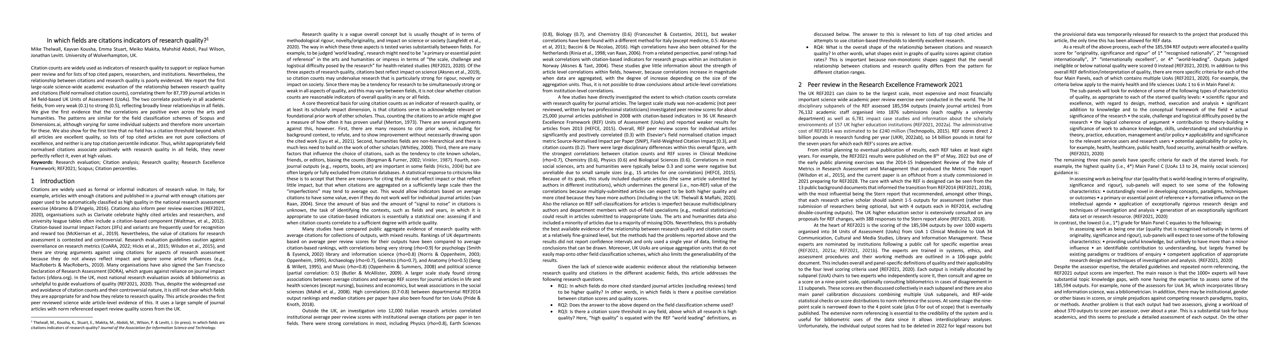 Thumbnail for In which fields are citations indicators of research quality?