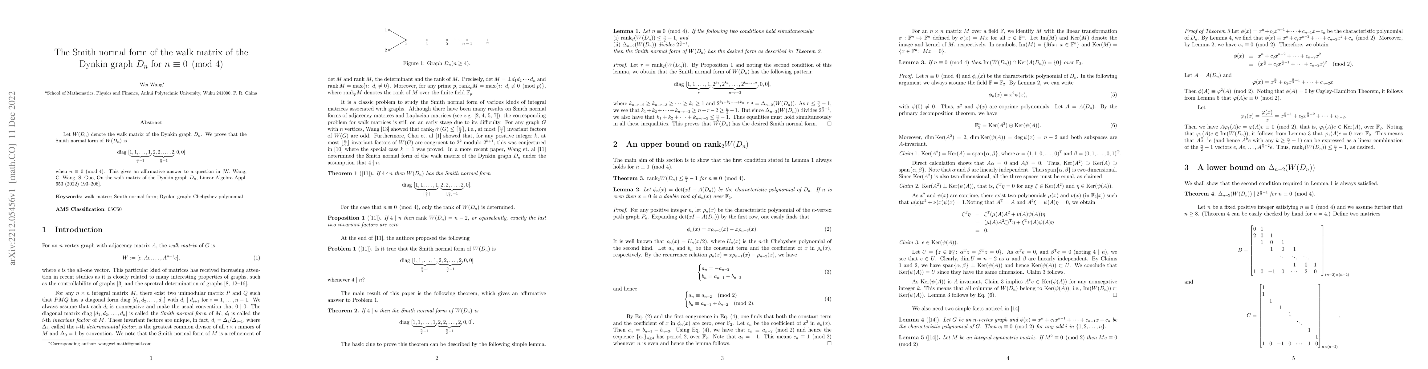 Thumbnail for The Smith normal form of the walk matrix of the Dynkin graph $D_n$ for
  $n\equiv 0\pmod{4}$