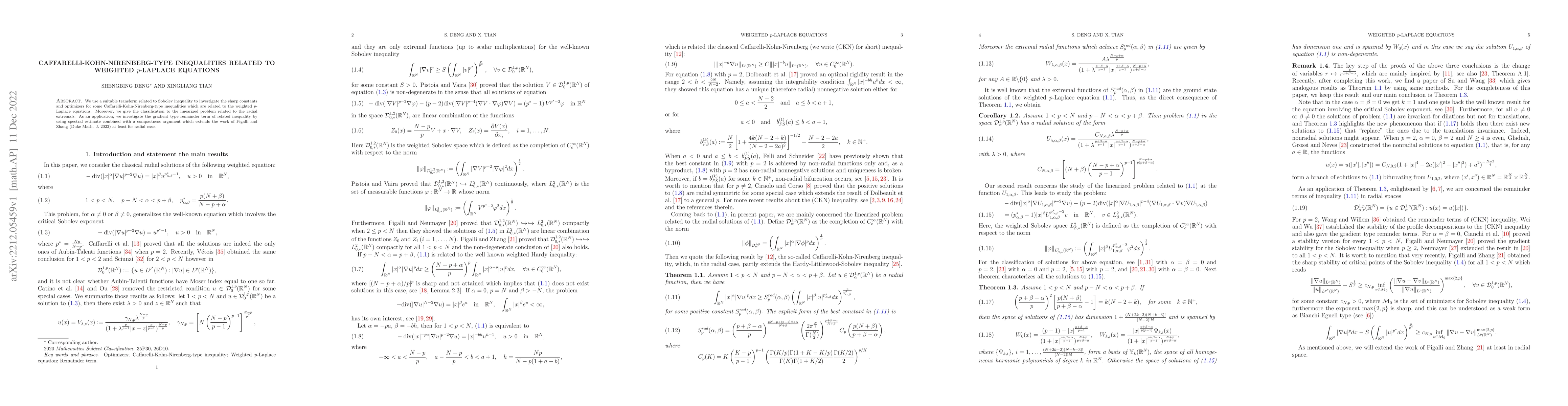Thumbnail for Caffarelli-Kohn-Nirenberg-type inequalities related to weighted
  $p$-Laplace equations